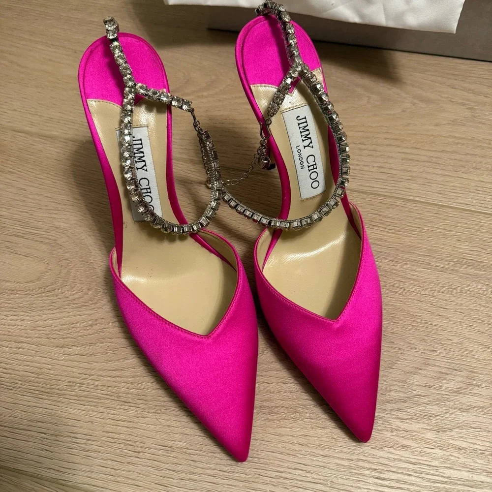 ❌SOLD❌Nib Jimmy Choo Saeda 100 Embellished Ankle Strap Pumps Fuchsia size 6.5 - Picture 7 of 10